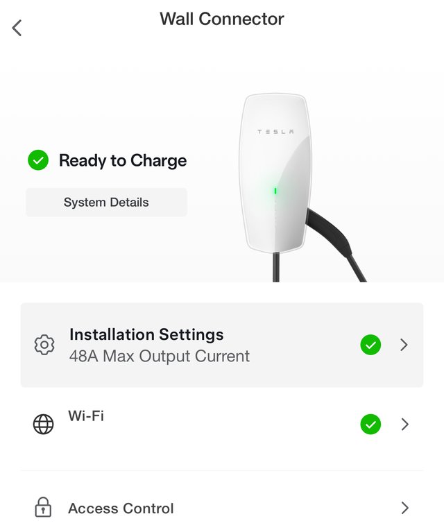 Tesla app showing the Wall Connector ready to charge at 48A with no faults