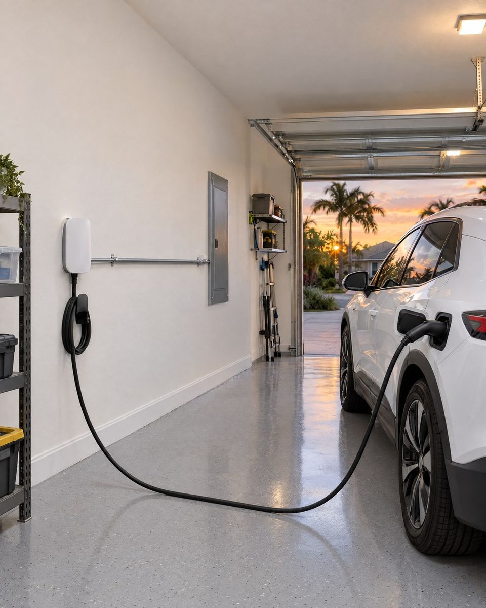 Wall-mounted EV charger plugged into a car in a home garage